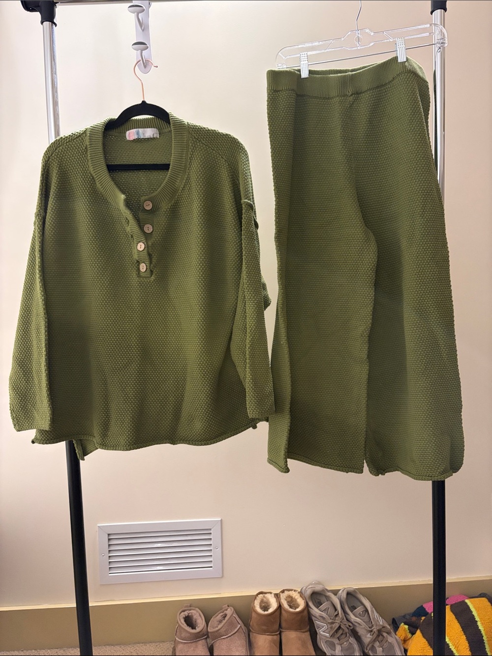 Free People Olive Green Knit Henley Top & Wide-Leg Pant Set